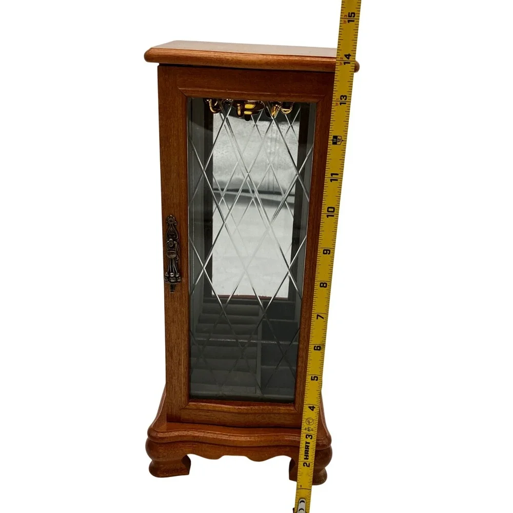 Vintage Wood Jewelry Armoire 14in Brown Etched Glass Rotating Carousel